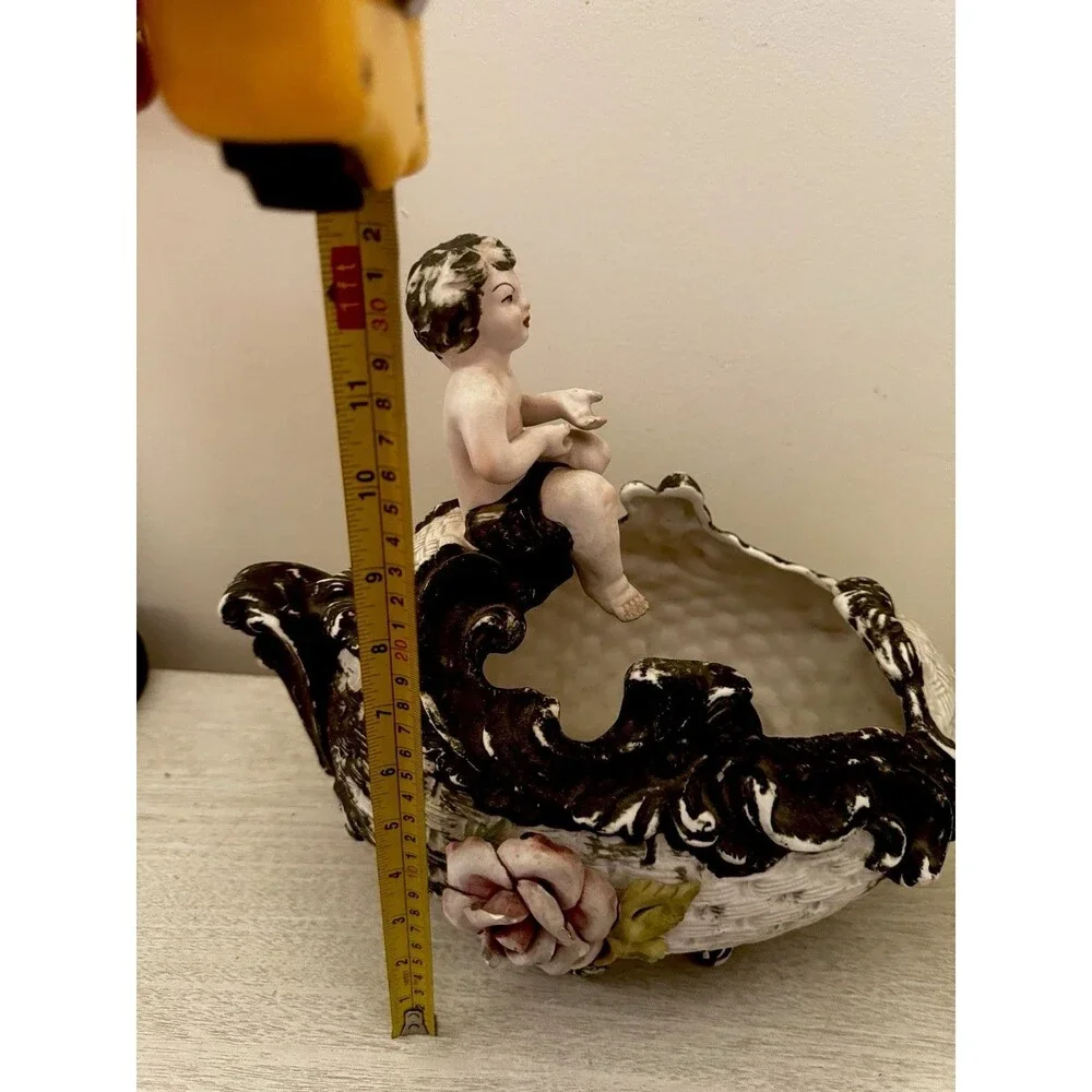Vintage Capodimonte Italy Cherub Planter Basket Porcelain 3D Rose Putti 11